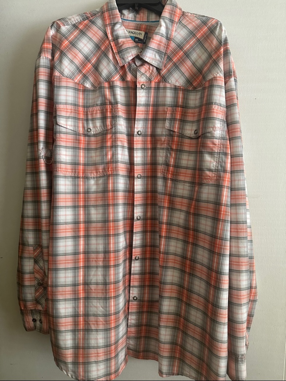 Magellan Outdoors Fish Gear  Orange Gray White Plaid Western Yoke Button-Down